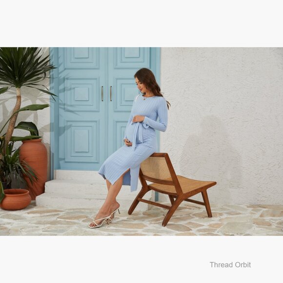 Maternity Sweater Dress Rib Knit Long Sleeve Slit Belted Pregnancy - Picture 5 of 6